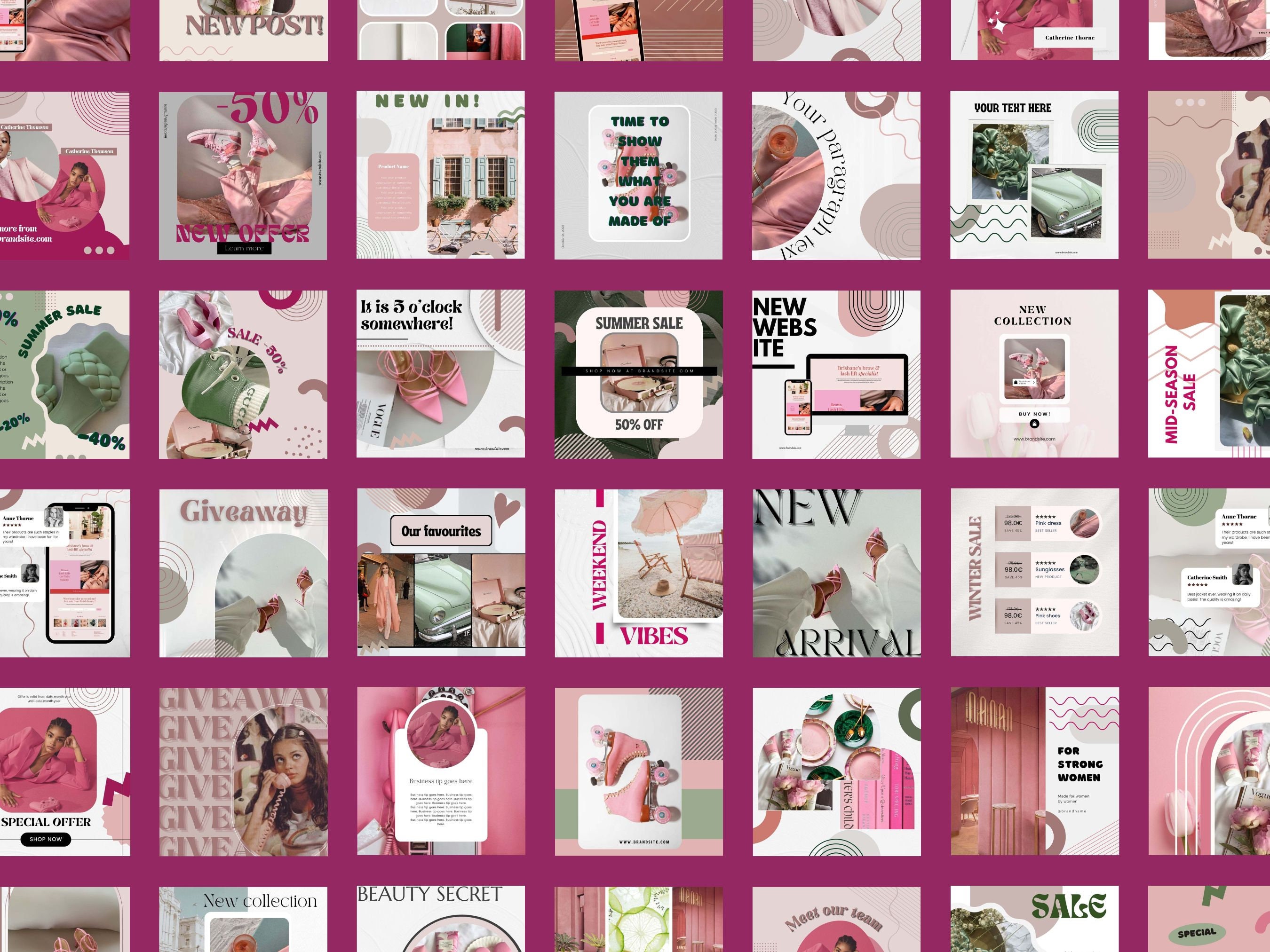 240 Canva Editable Social Media Templates Pink and Green | Aesthetic ...