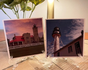Michigan Lighthouse Coaster Set, Ceramic Tile Coasters, Specially Made, Hostess Gift, Home Decor, Set of 4