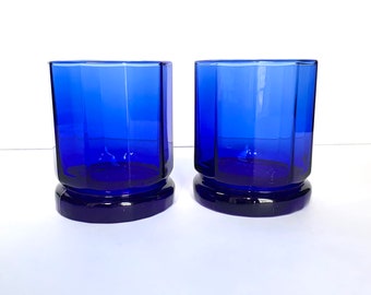 Decagon “Essex” Glasses - 10oz Vintage Set of Cobalt Blue Rocks - Anchor Hocking Drinking Glasses