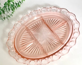Hocking glass Pink Depression Glass OLD COLONY Lace edge open lace Platter Serving plate Divided 5-Part 1930s **Read Description