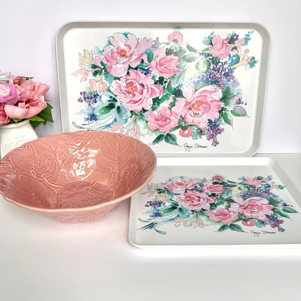 Rose Bordallo Pinheiro Pink Bowl & 2 Mebel Italy Vintage Melamine Trays 'Romantic Memories" Watercolour Art of Niagara Native Angie Strauss