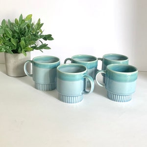 Set of Five Vintage Seventies Ceramic Drip Glaze Stacking Mugs Coffee Cups