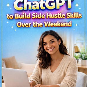 May include: A woman smiles while working on a laptop at a wooden desk. The image has text that reads "How to Use ChatGPT to Build Side Hustle Skills Over the Weekend." A cup of coffee and a smartphone are also on the desk.