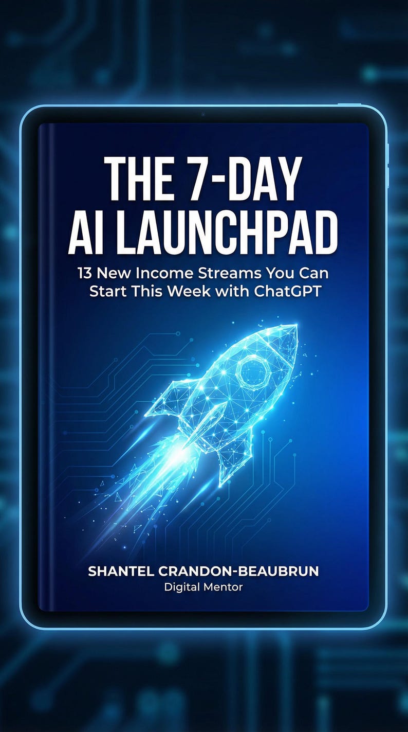 May include: A digital tablet shows a book cover with the title "THE 7-DAY AI LAUNCHPAD" in white text. Below, it reads "13 New Income Streams You Can Start This Week with ChatGPT." A glowing blue rocket graphic is featured.