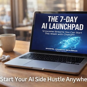 May include: A laptop screen shows "THE 7-DAY AI LAUNCHPAD" and "13 Income Streams You Can Start This Week with ChatGPT." A coffee cup, notebook, pen, and earbuds are on a wooden table. The text "Start Your AI Side Hustle Anywhere" is at the bottom.