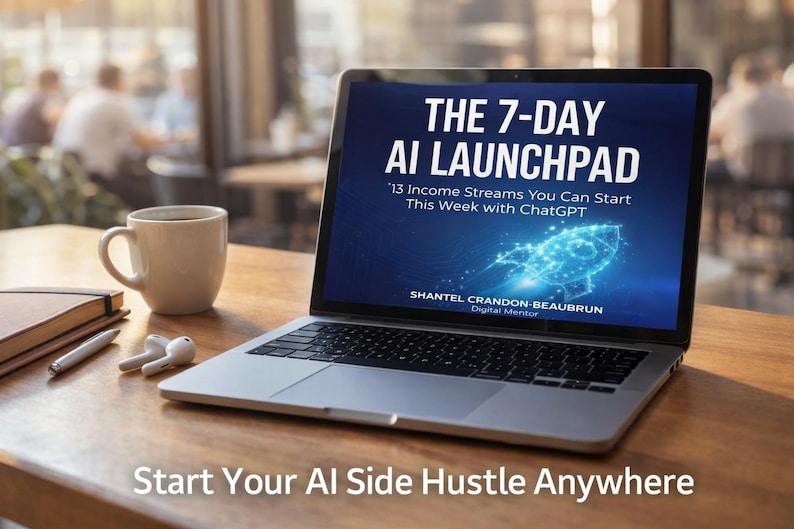 May include: A laptop screen shows "THE 7-DAY AI LAUNCHPAD" and "13 Income Streams You Can Start This Week with ChatGPT." A coffee cup, notebook, pen, and earbuds are on a wooden table. The text "Start Your AI Side Hustle Anywhere" is at the bottom.