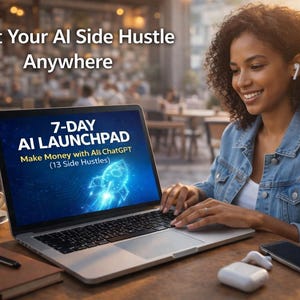 May include: A woman is using a laptop at a cafe, the screen showing "7-DAY AI LAUNCHPAD" and "Make Money with AI ChatGPT." A coffee cup, notebook, pen, phone, and wireless earbuds are on the table. The text "Start Your AI Side Hustle Anywhere" is at the top.