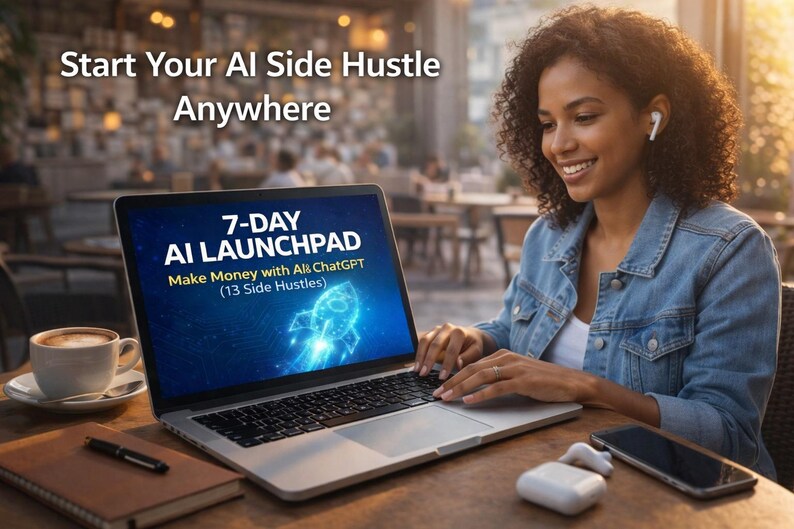 May include: A woman is using a laptop at a cafe, the screen showing "7-DAY AI LAUNCHPAD" and "Make Money with AI ChatGPT." A coffee cup, notebook, pen, phone, and wireless earbuds are on the table. The text "Start Your AI Side Hustle Anywhere" is at the top.