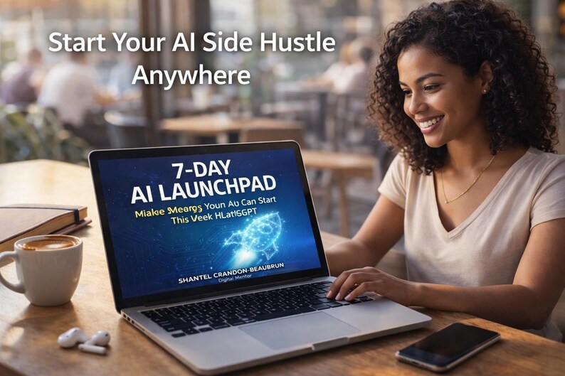 May include: A woman is using a laptop with the text "7-DAY AI LAUNCHPAD" on the screen. The image promotes starting an AI side hustle. A coffee cup, book, earbuds, and phone are on the wooden table.