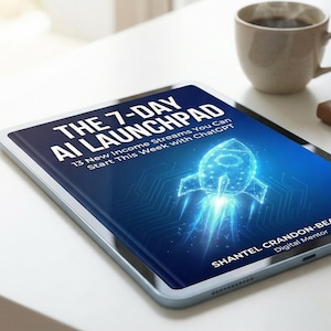 May include: A tablet showing "THE 7-DAY AI LAUNCHPAD" with a rocket graphic and the text "13 New Income Streams You Can Start This Week with ChatGPT." A coffee cup and a notebook are on the white surface.