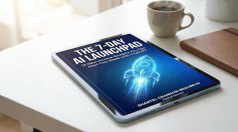 May include: A tablet showing "THE 7-DAY AI LAUNCHPAD" with a rocket graphic and the text "13 New Income Streams You Can Start This Week with ChatGPT." A coffee cup and a notebook are on the white surface.