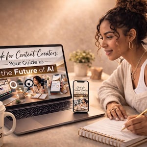 Pode incluir: Uma mulher está sentada a uma mesa com um laptop e um smartphone, ambos exibindo o texto "Grok for Content Creators: Your Guide to the Future of AI". Há também uma caneca de café com o mesmo texto. Ela está escrevendo em um caderno.