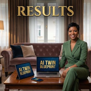 May include: A woman in a green suit sits in a room with a laptop, tablet, and phone on a table. The laptop and tablet display the text "AI TWIN BLUEPRINT". The word "RESULTS" is displayed in gold letters above the woman.