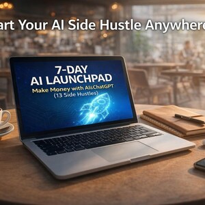 May include: A laptop showing "7-DAY AI LAUNCHPAD" text and a rocket graphic is on a wooden table. A coffee cup, wireless earbuds, and a smartphone are also present. The text "Start Your AI Side Hustle Anywhere" is at the top of the image.