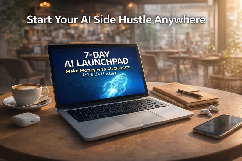 May include: A laptop showing "7-DAY AI LAUNCHPAD" text and a rocket graphic is on a wooden table. A coffee cup, wireless earbuds, and a smartphone are also present. The text "Start Your AI Side Hustle Anywhere" is at the top of the image.