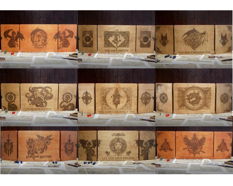 May include: Three wooden panels with a brown leather finish. Each panel features a different design, including a dragon, a creature with tentacles, and a compass. The panels are labeled with the text "The Dice Decide", "You May Certainly Try", and "Dungeon Master".