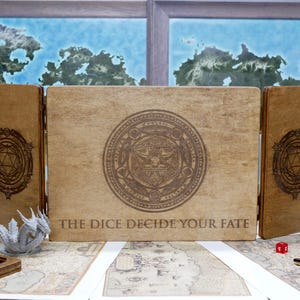 May include: A wooden three-panel game screen with a laser-engraved design. The center panel features a circle with a five-pointed star inside and the text "The Dice Decide Your Fate".