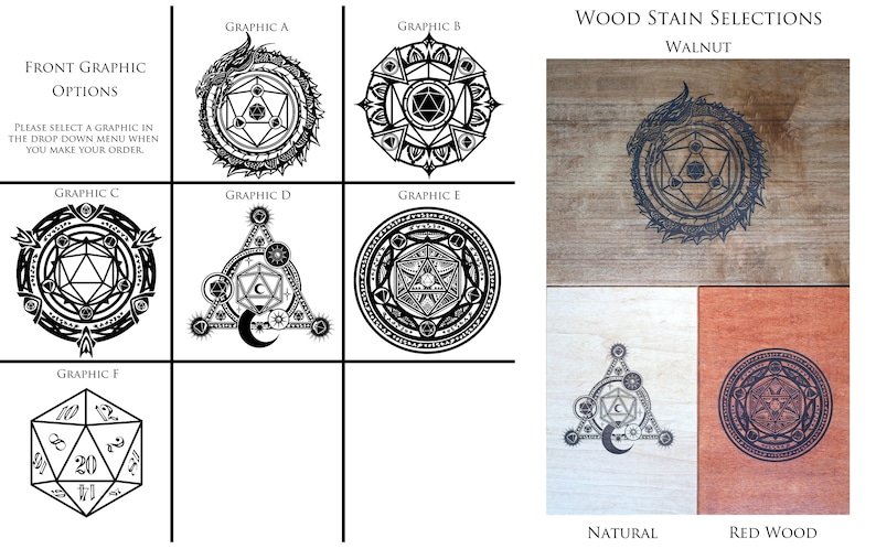Puede incluir: Seis dise&ntilde;os gr&aacute;ficos diferentes para una tapa de caja de madera. Los dise&ntilde;os presentan una variedad de formas geom&eacute;tricas y s&iacute;mbolos, incluyendo un drag&oacute;n, una luna creciente y un dado de 20 caras. La tapa de la caja est&aacute; disponible en manchas de madera de nogal, natural y rojo.