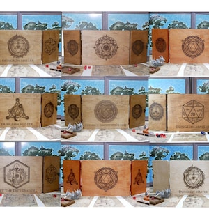 May include: A set of three-panel wooden dungeon master screens with various designs, including a circle with a star inside, a 20-sided die, and a circle with a crescent moon inside. The screens are made of light brown wood and have a natural finish. The text on the screens reads "Dungeon Master", "The Dice Decide Your Fate", and "Let The Dice Decide".