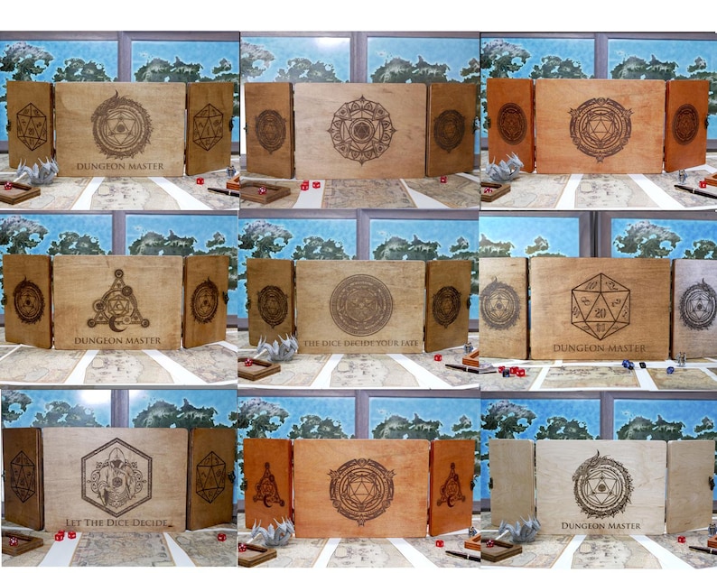 May include: A set of three-panel wooden dungeon master screens with various designs, including a circle with a star inside, a 20-sided die, and a circle with a crescent moon inside. The screens are made of light brown wood and have a natural finish. The text on the screens reads "Dungeon Master", "The Dice Decide Your Fate", and "Let The Dice Decide".