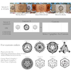 May include: A graphic showing three different wood stain options for a custom dice box: walnut, redwood, and natural. The box has a layout option with a center panel and two side panels. The user can choose from a variety of graphic designs for the panels. The text states "Select 3 graphics for Custom".