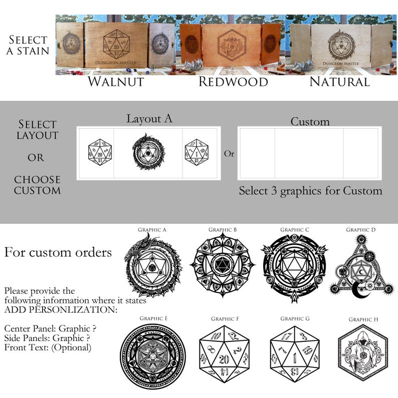 May include: A graphic showing three different wood stain options for a custom dice box: walnut, redwood, and natural. The box has a layout option with a center panel and two side panels. The user can choose from a variety of graphic designs for the panels. The text states "Select 3 graphics for Custom".