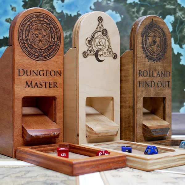 DnD Dice Tower with dice tray, Personalized Custom Engraved Wood Tower, Dungeon and Dragons Dice Tower, D&D Gift, Tabletop RPG Dice Tower