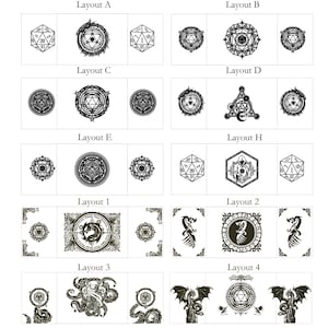 May include: A digital download of 10 different layouts for a Dungeons and Dragons dice bag. Each layout features a different design, including dragons, a kraken, and a variety of geometric patterns.