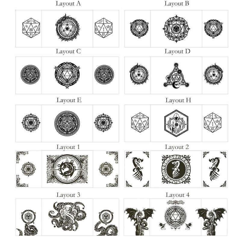May include: A digital download of 10 different layouts for a Dungeons and Dragons dice bag. Each layout features a different design, including dragons, a kraken, and a variety of geometric patterns.