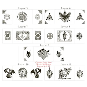 May include: A set of 11 different layouts for a Dungeons and Dragons character sheet. Each layout features a different design with a variety of symbols, including a dragon, a die, a compass, and a sword. The text "Dungeon Master" appears on one of the layouts.