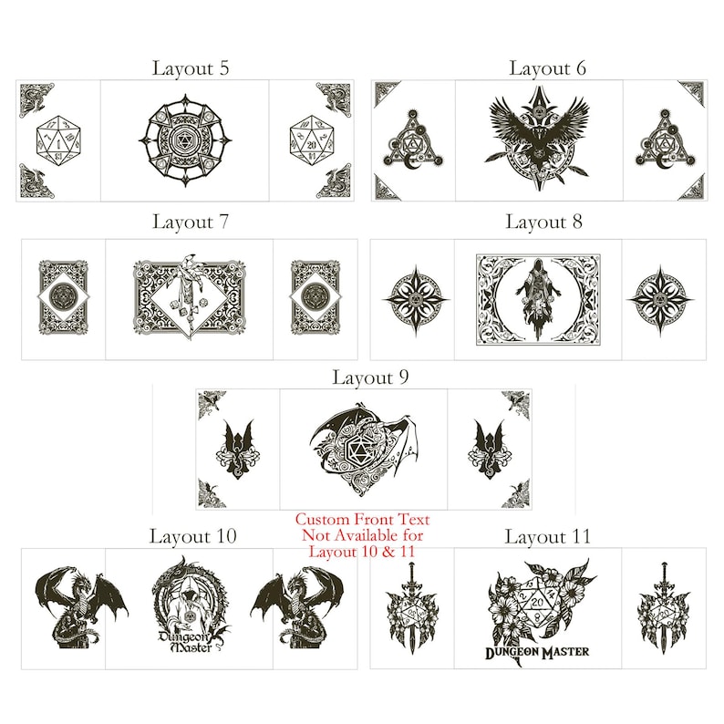 May include: A set of 11 different layouts for a Dungeons and Dragons character sheet. Each layout features a different design with a variety of symbols, including a dragon, a die, a compass, and a sword. The text "Dungeon Master" appears on one of the layouts.