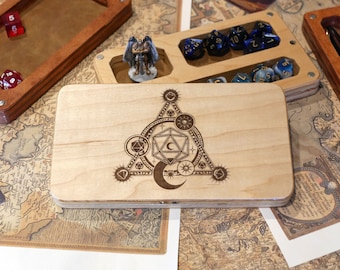 Handcrafted Dice Chest & Rolling Tray for Dungeons and Dragons, Custom Engraved Tabletop Gaming Box, DND Gaming Vault, DND Gifts for Players
