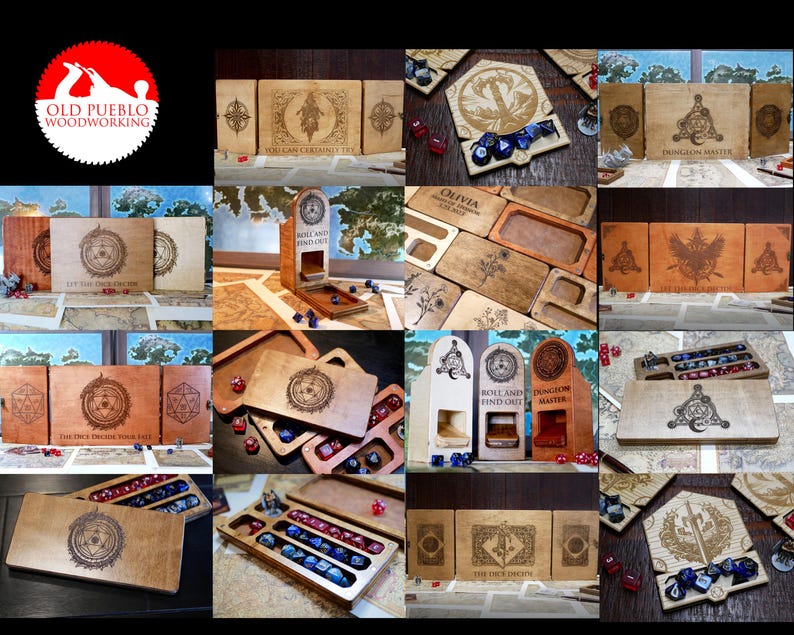 Puede incluir: Una colecci&oacute;n de bandejas y torres de dados de madera con varios dise&ntilde;os y grabados. Las bandejas est&aacute;n hechas de madera marr&oacute;n claro y presentan dise&ntilde;os intrincados, incluyendo un c&iacute;rculo con un drag&oacute;n dentro, un c&iacute;rculo con una espada dentro y un c&iacute;rculo con una corona dentro. Las torres tambi&eacute;n est&aacute;n hechas de madera marr&oacute;n claro y presentan una variedad de dise&ntilde;os, incluyendo una torre con un drag&oacute;n en la parte superior, una torre con una espada en la parte superior y una torre con una corona en la parte superior. Las bandejas y torres de dados son perfectas para juegos de mesa.