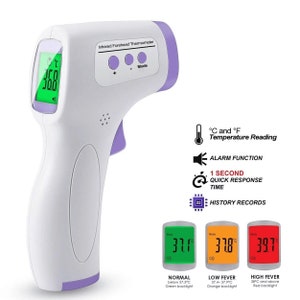 May include: A white and purple infrared forehead thermometer with a digital display showing 36.8 degrees. The thermometer has a button for mode selection and buttons for adjusting the temperature reading. The thermometer also has a feature for recording history and an alarm function. The image shows three different temperature readings: 37.1 degrees, 37.8 degrees, and 39.7 degrees. The readings are color-coded: green for normal, orange for low fever, and red for high fever.
