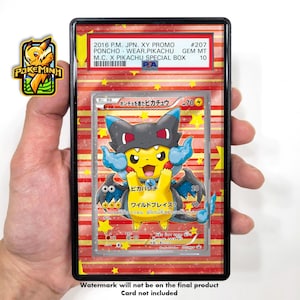 May include: A Pokémon trading card featuring Pikachu wearing a black and blue costume, encased in a black frame. The card has Japanese text and is from the 2016 XY Promo series. The frame includes text: "2016 P.M. JPN. XY PROMO" and "GEM MT 10".