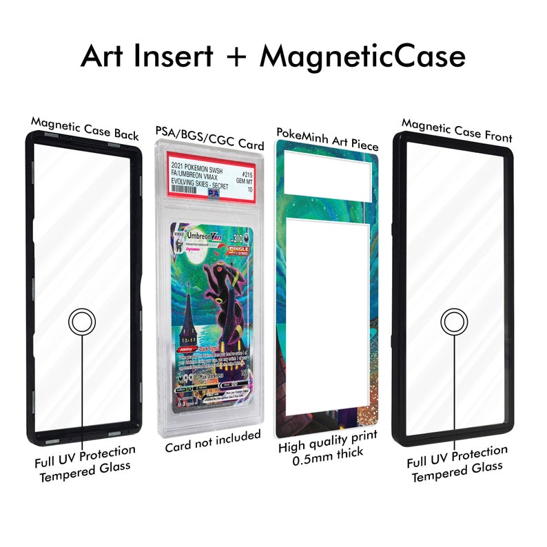 May include: A magnetic case set featuring a black frame with full UV protection tempered glass, a 0.5mm thick art insert, and a PSA/BGS/CGC graded Pokemon card. The display includes labels for Magnetic Case Back, Magnetic Case Front, and PokeMinh Art Piece.