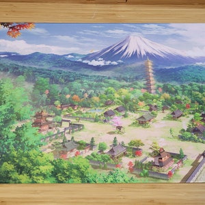 May include: A colorful illustration of a Japanese village with a pagoda and Mount Fuji in the background. The village is surrounded by lush green trees and a stone wall.