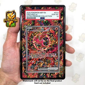 May include: A PSA graded 2025 Pokemon MEP EN Oricorio ex #024 trading card from the Ultra-Premium Collection, featuring a vibrant red and black patterned background, a 10 Gem Mint rating, and the text Oricorio ex 190 HP and Excited Turbo ability.
