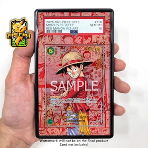 Puede incluir: Una tarjeta coleccionable con Monkey D. Luffy de One Piece. La tarjeta tiene un fondo rojo estilo manga y el texto "SAMPLE" en la parte delantera. La tarjeta está encerrada en un soporte negro con el texto "2025 ONE PIECE OP13 MONKEY D. LUFFY RED MANGA ALT ART".