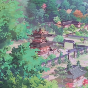 May include: A red and brown multi-level building with a tiled roof, surrounded by green trees and a stone wall. The building is set against a backdrop of lush green foliage.