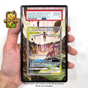 May include: A graded Pokémon trading card featuring Espeon & Deoxys GX. The card is in a black holder with a PSA grade of 10. The card has a colorful illustration of the Pokémon characters. The text on the card includes "Psychic Club" and "Cross Division GX".
