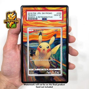 May include: A framed Pikachu trading card with a Munch: A Retrospective design. The card features a yellow Pikachu character with Japanese text and a grade of 10. The frame has a black border and a colourful background.