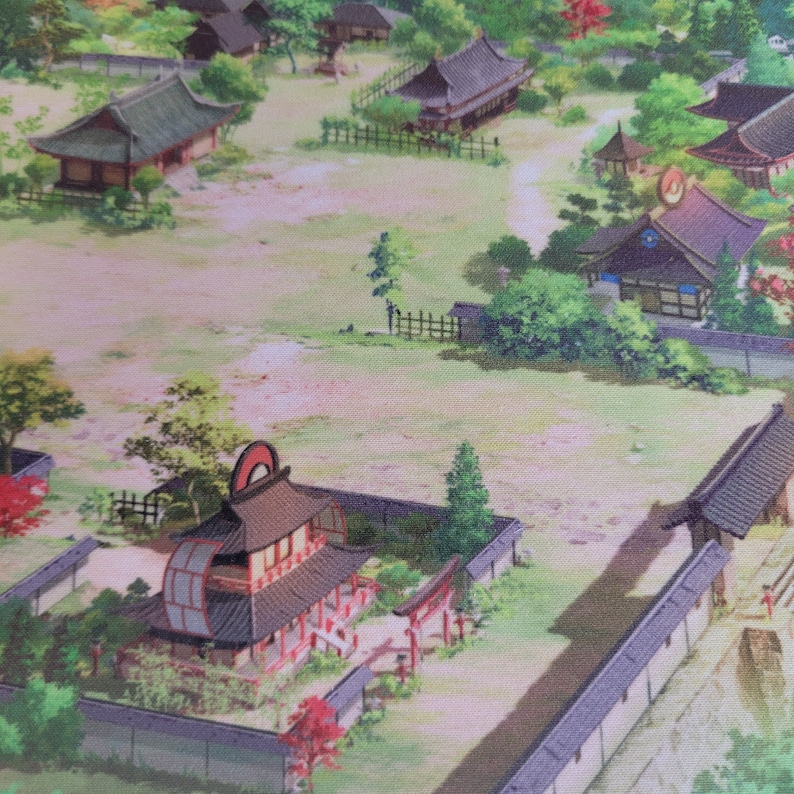 May include: A colorful illustration of a Japanese village with traditional houses, trees, and a winding path. The houses are painted in shades of brown, green, and red, with intricate details. The trees are a mix of green and red, and the path is a light brown color.