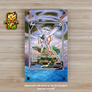 May include: A Pokemon trading card featuring Arceus V, a legendary Pokemon with a silver and white design. The card has a blue and green background with a white border. The card's text reads "BASIC Arceus V" and "220". The card also has a "Trinity Charge" and "Power Edge" attack.