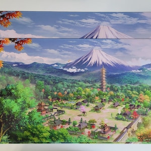 May include: A scenic landscape with a mountain peak in the background, surrounded by lush green trees and a small village in the foreground. The mountain is covered in snow and has a pagoda-like structure at its base. The sky is blue with white clouds.