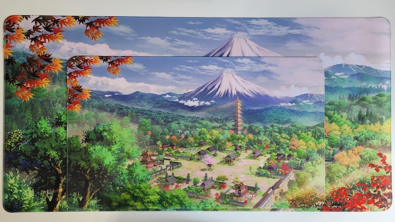 May include: A scenic landscape with a mountain peak in the background, surrounded by lush green trees and a small village in the foreground. The mountain is covered in snow and has a pagoda-like structure at its base. The sky is blue with white clouds.