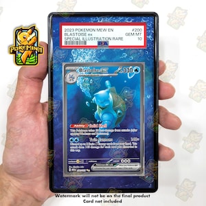 May include: A PSA graded 2023 Pokemon Mew EN Blastoise ex #200 Special Illustration Rare trading card in a protective plastic slab. The card features a blue Blastoise character underwater with bubbles, 330 HP, and the Solid Shell ability.
