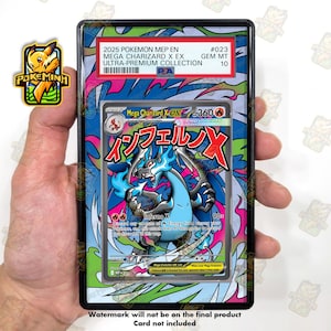 May include: A PSA graded 2025 Pokemon MEP EN Mega Charizard X EX trading card from the Ultra-Premium Collection, labelled Gem Mt 10. The card features a black and blue dragon-like creature with flames, Japanese text, and a colourful abstract background.