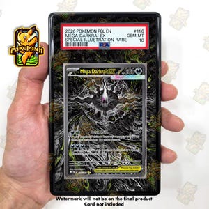 May include: A black PSA graded card slab featuring a Mega Darkrai EX trading card with 280 HP. The label reads 2026 POKEMON PBL EN MEGA DARKRAI EX SPECIAL ILLUSTRATION RARE #116 GEM MT 10. The card art displays a dark, swirling abstract design.