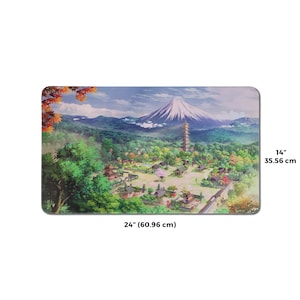 May include: A colorful illustration of a Japanese village with a mountain in the background. The village is surrounded by trees and flowers. The mountain is snow-capped and has a pagoda on top. The illustration is 24 inches wide and 14 inches tall.